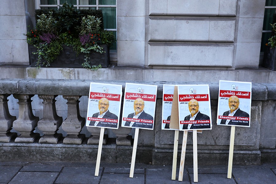 Placards can be seen outside the Saudi Arabian Embassy in London, Britain as people protest against the killing of journalist Jamal Khashoggi — Reuters file photo