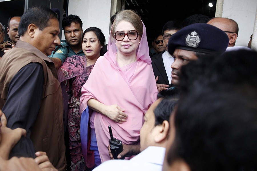 BNP Chairperson Khaleda Zia seen being taken to a court in this undated Focus Bangla photo