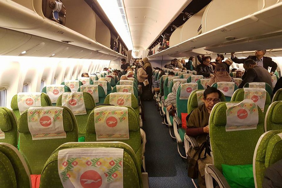 Passengers inside a Biman Bangladesh Airlines flight seen preparing for take-off in this undated photo — Collected