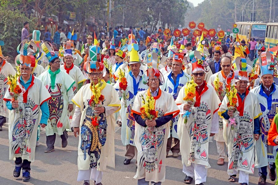A colourful procession brought out in the city recently marking the anniversary celebration of Bishwo Shahitto Kendro