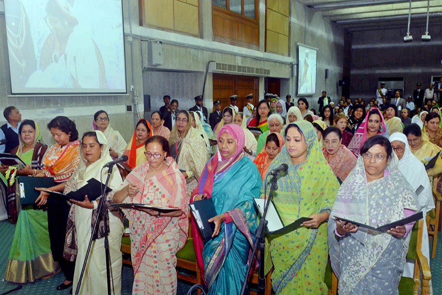 The newly elected Members of Parliament to the seats reserved for women in the 11th parliament were sworn in by Speaker Dr Shirin Sharmin Chaudhury (not pictured) — Focus Bangla photo