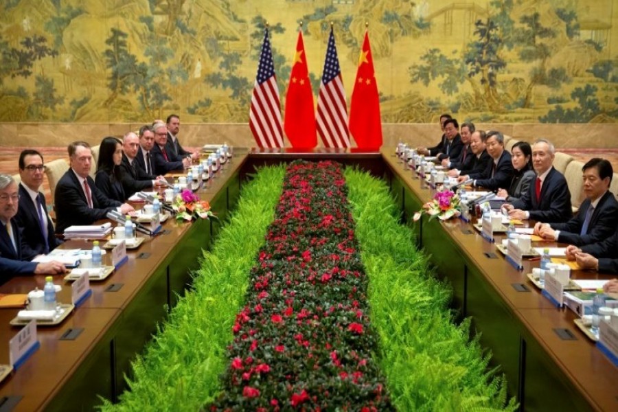 US Treasury Secretary Steven Mnuchin, second from left, US Trade Representative Robert Lighthizer, third from left, and Chinese Vice Premier and lead trade negotiator Liu He, second from right, pose for a photo before the opening session of trade negotiations at the Diaoyutai State Guesthouse in Beijing, Thursday, Feb 14, 2019 - Reuters