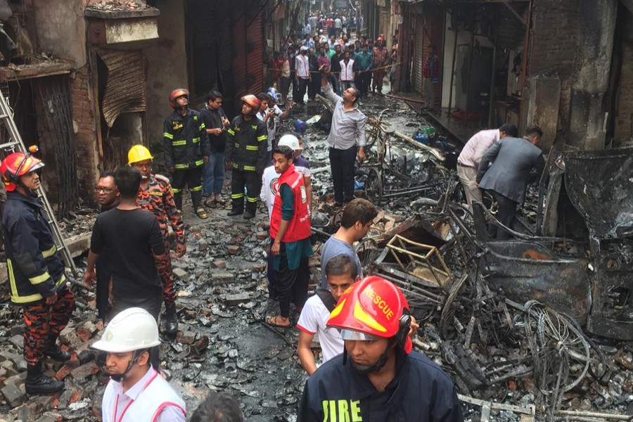 A devastating fire guts several buildings in Dhaka city’s Chawkbazar area that leaves 67 people dead and many others injured