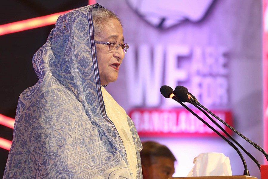 Prime Minister Sheikh Hasina addressing a convention on Non-Resident Bangladeshi (NRB) Engineers at Pan Pacific Sonargaon Hotel in the capital city on Tuesday — Focus Bangla photo