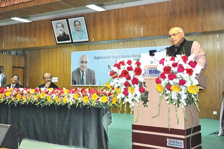 World Bank Country Director for India Dr Junaid Kamal Ahmad delivering Nurul Matin Memorial Lecture on 'Ethics in Banking' at Bangladesh Institute of Bank Management (BIBM) in the capital on Monday with Bangladesh Bank Governor Fazle Kabir and BIBM Director General Abdur Rahim present