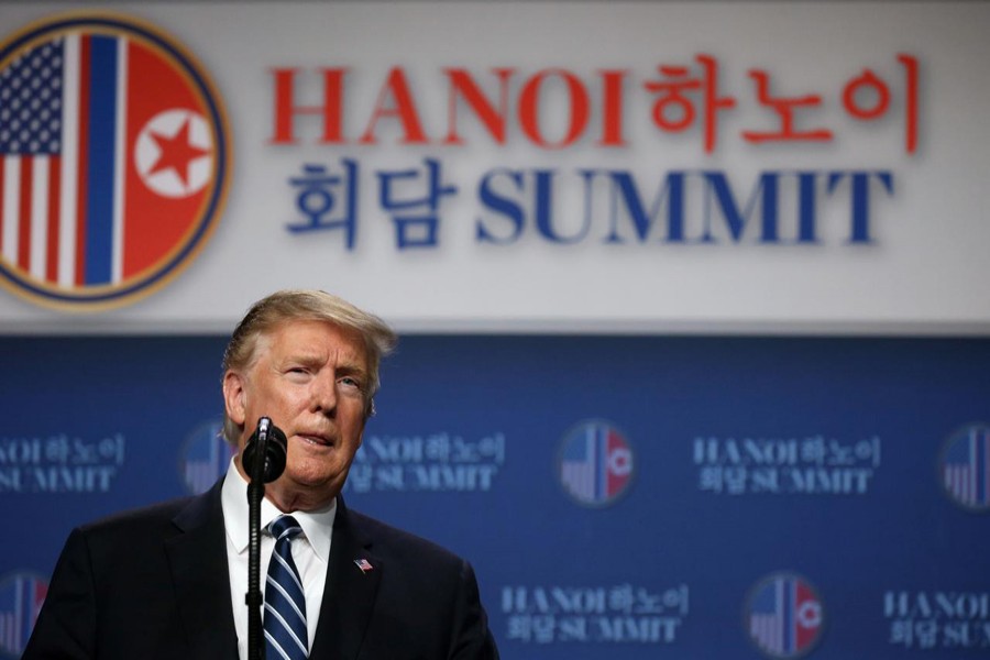 US President Donald Trump holds a news conference after his summit with North Korean leader Kim Jong Un at the JW Marriott hotel in Hanoi, Vietnam, February 28, 2019. Reuters