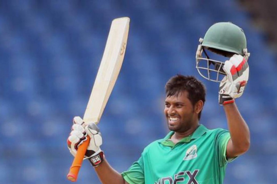 Mohammedan Sporting Club's Abdul Mazid celebrating century against Legends of Rupganj in the DPDCL at Sher-e-Bangla National Cricket Stadium in the city on Tuesday	— UNB