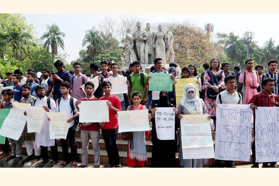 A rally of students at Dhaka University recently demanding road safety 	— FE Photo