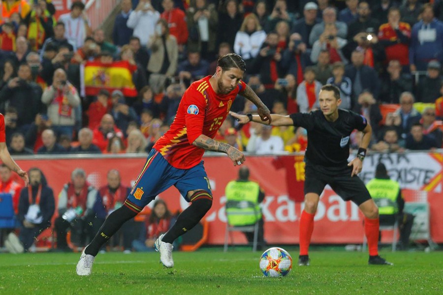 Spain skipper Sergio Ramos scores their second goal from the penalty spot — Reuters photo