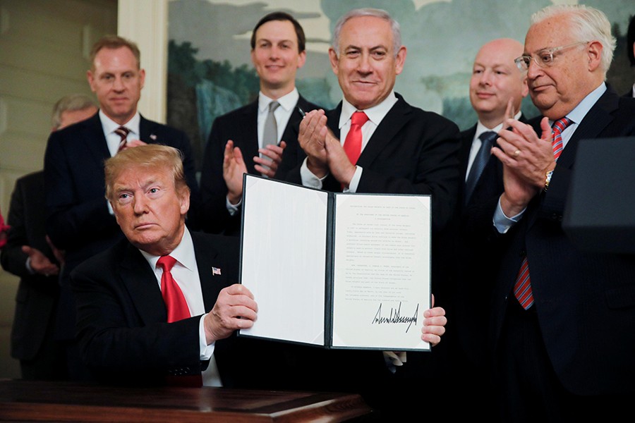 US President Donald Trump holds a proclamation recognising Israel's sovereignty over the Golan Heights at the White House in Washington, US on March 25, 2019 — Reuters photo
