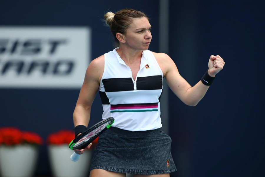 Simona Halep celebrating after her match against Wang Qiang in a women's singles quarterfinal of the Miami Open at Miami Open Tennis Complex on Wednesday	— Internet