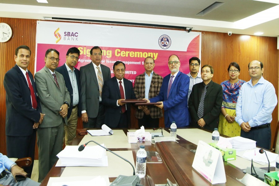 South Bangla Agriculture and Commerce (SBAC) Bank Limited has signed an Issue Management Services Agreement with ICB Capital Management Limited, a sister concern of Investment Corporation of Bangladesh (ICB). Md. Golam Faruque, MD & CEO of the bank, and Md. Sohel Rahman, CEO (Additional Charge) of ICB Capital Management Ltd., exchanged documents after signing an agreement on Sunday at Head Office of the Bank in the city of Dhaka. The bank's Chairman S.M. Amzad Hossain, Board Executive Committee Chairman Captian M Moazzem Hossain, Managing Director of ICB Kazi Sanaul Hoq were present
