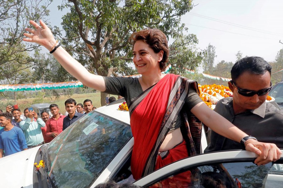 A file photo showing Priyanka Gandhi Vadra waving to her supporters after addressing an election campaign meeting in Ayodhya, India recently	— Reuters