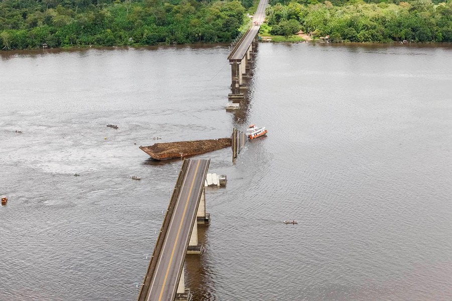 A bridge over the Moju River is seen after collapsing and potentially affecting shipments of grains through northern ports in Acara, Para state, Brazil on April 6, 2019 — via Reuters