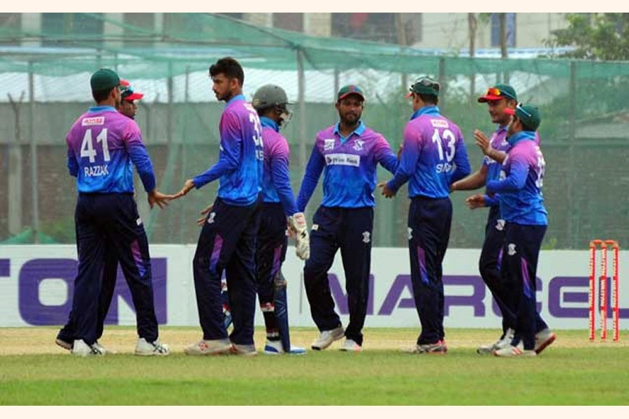 Prime Bank Cricket Club's Nayeem Hasan celebrating after getting a wicket of Gazi Group Cricketers in DPDCL at BKSP-4 ground on Thursday 	— bdnews24.com