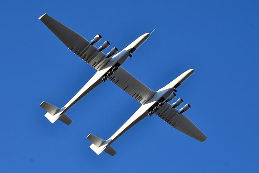 The world's largest airplane, built by the late Paul Allen's company Stratolaunch Systems, makes its first test flight in Mojave, California, US on Saturday. -Reuters Photo