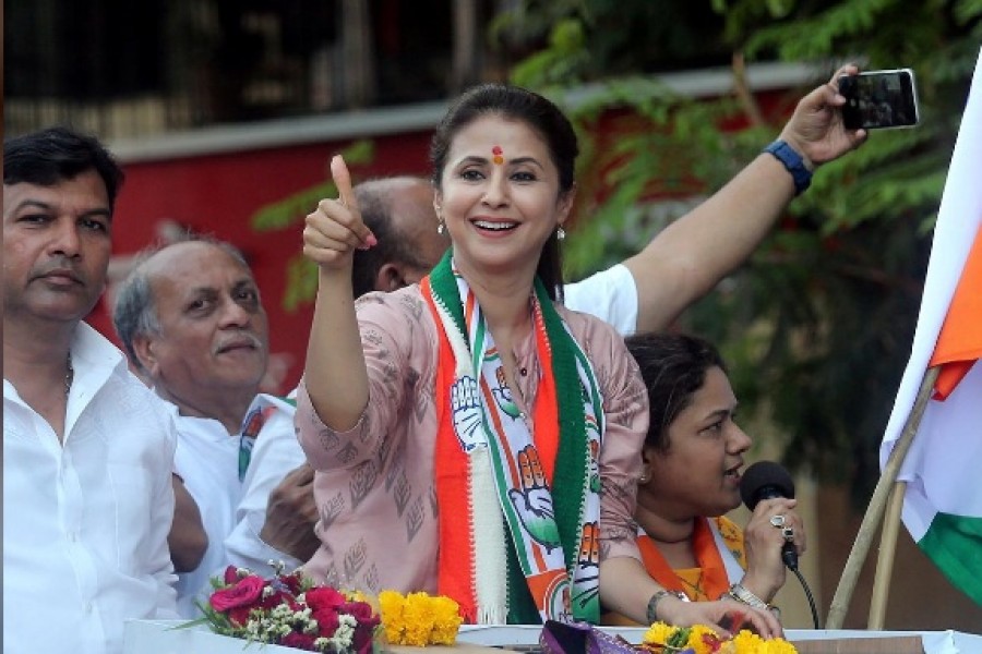 Urmila Matondkar, Bollywood actress-turned-politician who recently joined India's main opposition Congress party, gestures during her election campaign rally in Mumbai, India, April 11, 2019 - Reuters