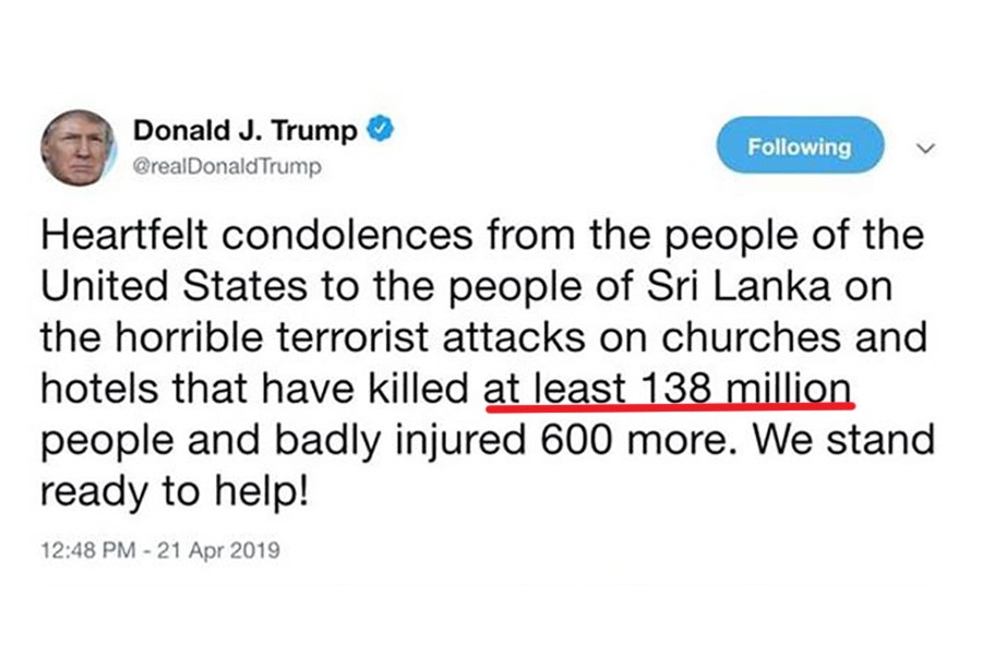 Trump tweets wrong figure for number of dead in Sri Lanka