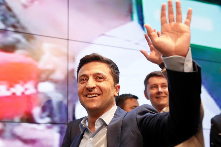 Ukrainian presidential candidate Volodymyr Zelenskiy reacts following the announcement of the first exit poll in a presidential election at his campaign headquarters in Kiev, Ukraine, April 21, 2019. Reuters/Files