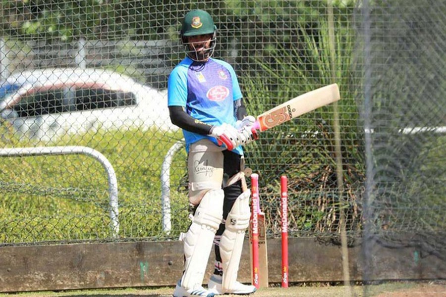 Tamim Iqbal at a practice session at the ICC World Cup preparation camp at Sher-e-Bangla National Cricket Stadium in the city on Monday	— bdnews24.com