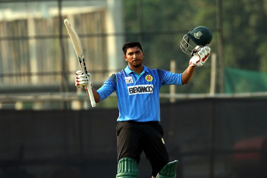 Dhaka Abahani's Soumya Sarkar rejoicing after scoring century against Sheikh Jamal Dhanmondi Club during the DPDCL at BKSP ground on Tuesday	— BCB