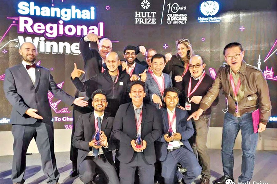 The champion team of Bangladesh (centre) with judges and organisers of Hult Prize Regional Summit in Shanghai, China