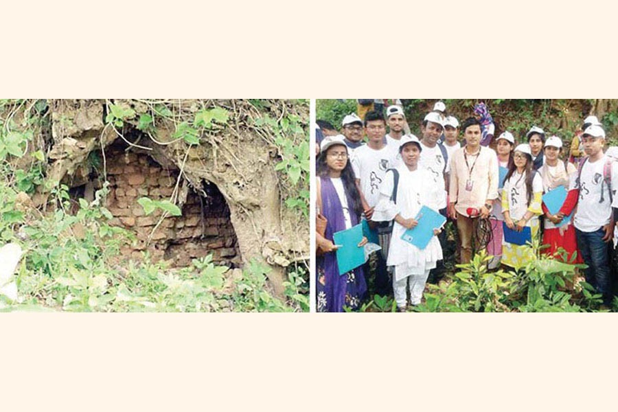 The remains of 'King Virat Palace' at Khirtala village in Raiganj upazila, Sirajganj (left), a group of archaeologists from Rabindra University who discovered the site (right). 	—Photo courtesy:  Dhaka Tribune