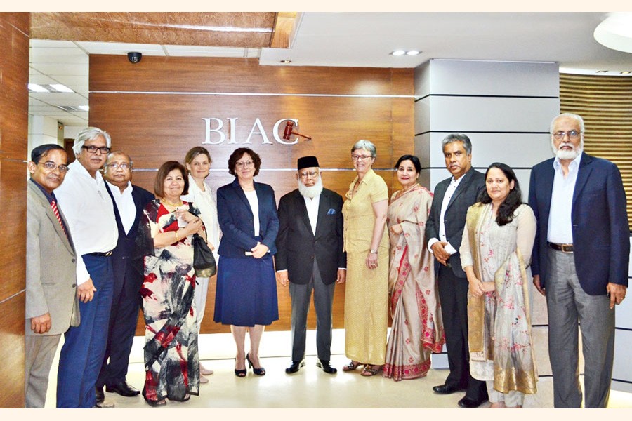 International Chamber of Commerce-Bangladesh President and Bangladesh International Arbitration Centre (BIAC) Chairman Mahbubur Rahman, Ambassador of Sweden Charlotta Schlyter, Ambassador of Denmark Winnie Estrup Petersen and Ambassador of Norway Sidsel Bleken, among others, posing for a photo during the Scandinavian ambassadors visit to BIAC secretariat in the capital on Sunday