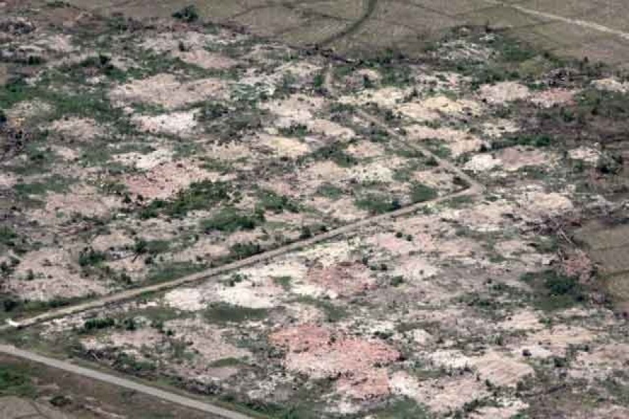 An aerial view shows burned down villages once inhabited by the Rohingyas seen from the Myanmar military helicopters that carried the UN envoys to northern Rakhine state, Myanmar, May 1, 2018. Picture taken on May 1, 2018. Reuters/Files