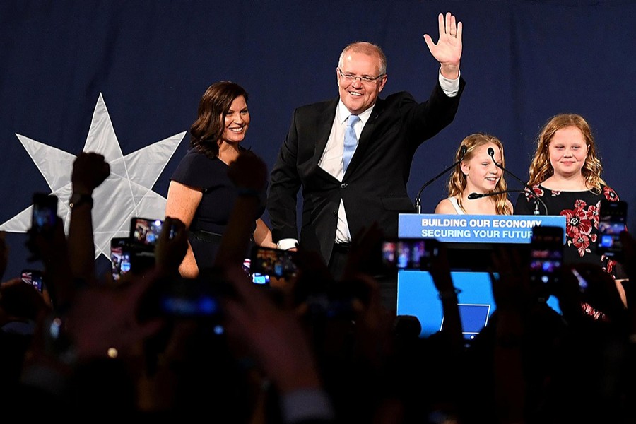 Australia's Prime Minister Scott Morrison with wife Jenny, children Abbey and Lily after winning the 2019 Federal Election, at the Federal Liberal Reception at the Sofitel-Wentworth hotel in Sydney, Australia on May 18, 2019 — AAP photo via Reuters