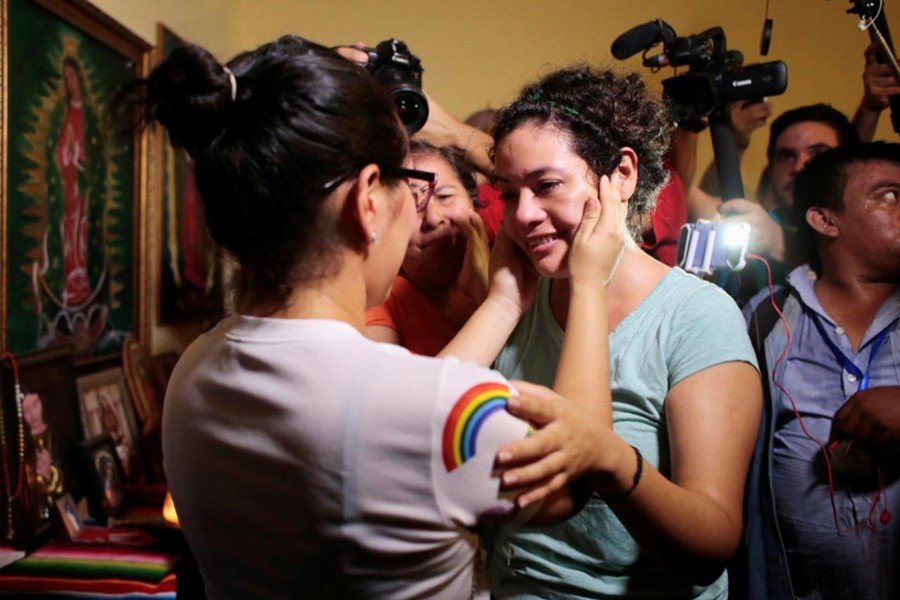 Maria Adilia Peralta (C), who according to local media was arrested for participating in a protest against Nicaraguan President Daniel Ortega's government, embraces a relative after being released from La Esperanza Prison, in Masaya, Nicaragua on May 20, 2019 — Reuters photo