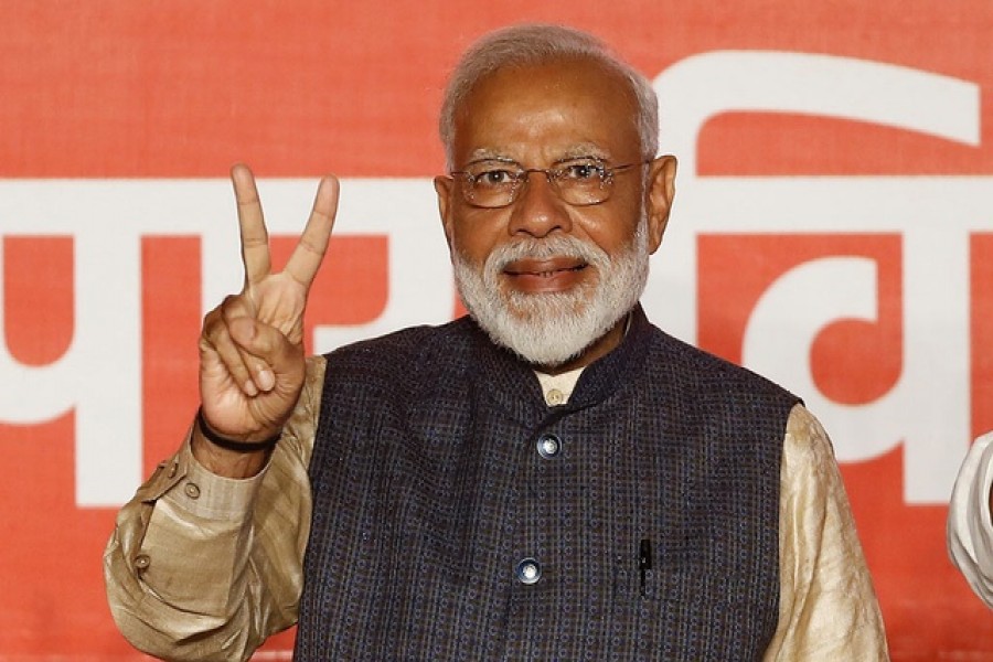 Indian Prime Minister Narendra Modi gestures towards his supporters after the election results at Bharatiya Janata Party (BJP) headquarter in New Delhi, India, May 23, 2019. Reuters