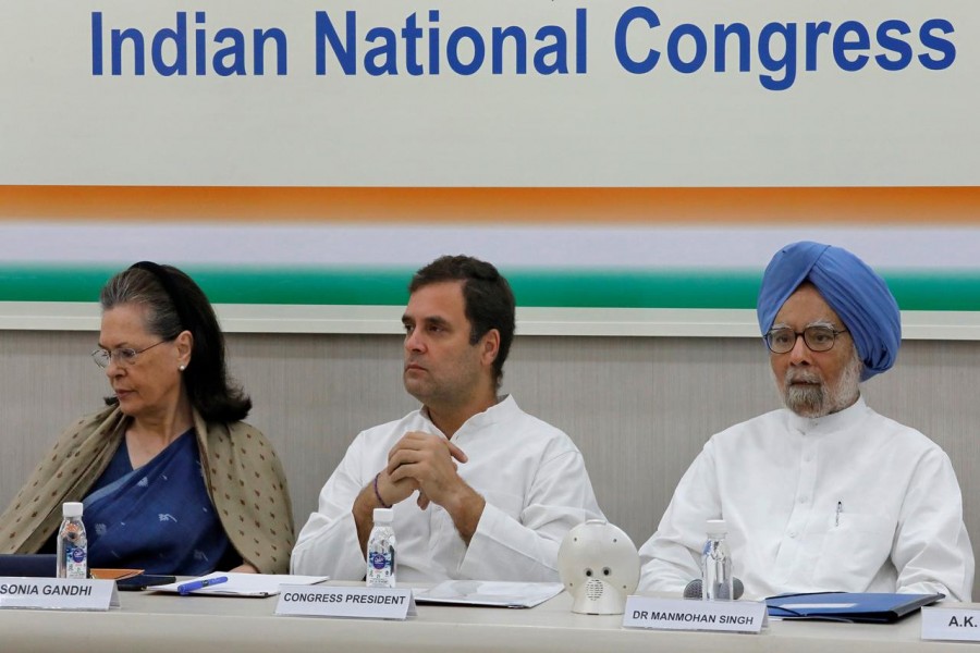 Rahul Gandhi, President of Congress party, his mother and leader of the party Sonia Gandhi and India's former Prime Minister Manmohan Singh attend a Congress Working Committee (CWC) meeting in New Delhi, May 25, 2019. Reuters