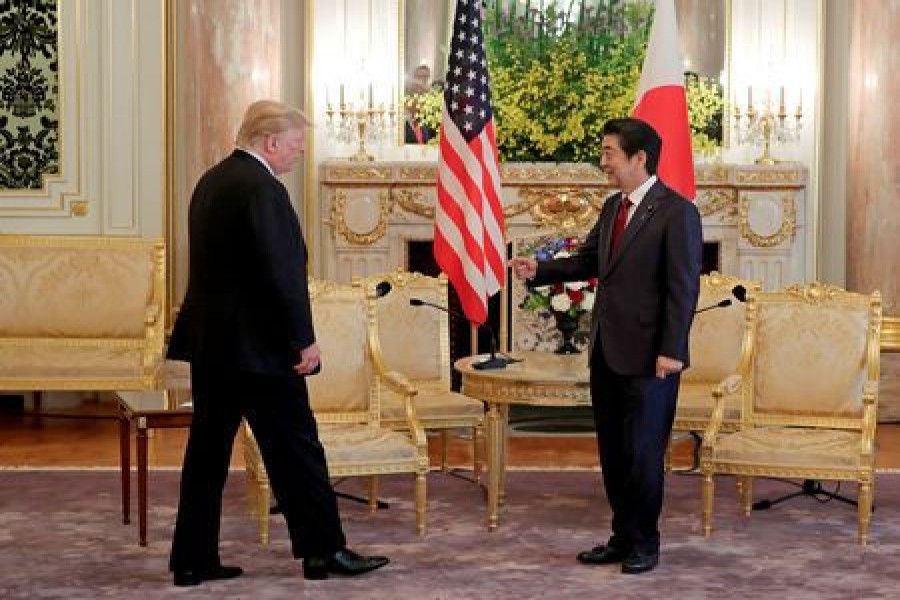 US President Donald Trump meets with Japanese Prime Minister Shinzo Abe at Akasaka Palace, Japanese state guest house in Tokyo May 27, 2019. Eugene Hoshiko/Pool via Reuters