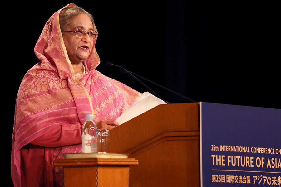 Prime Minister Sheikh Hasina addresses the 25th International Nikkei Conference on Future of Asia at Imperial Hotel in Tokyo on Thursday — Focus Bangla photo