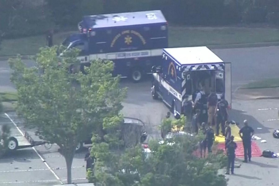 Paramedics prepare a staging area for victims in this still image from video following a shooting incident at the municipal centre in Virginia Beach, Virginia, US, May 31, 2019 - WAVY-TV/NBC/via REUTERS