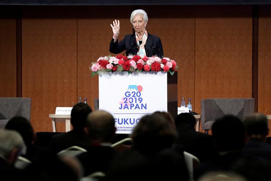 Christine Lagarde, managing director of the International Monetary Fund (IMF), speaks at the Group of 20 (G-20) high-level seminar on financial innovation "Our Future in the Digital Age", on the sidelines of the G-20 finance ministers and central bank governors meeting in Fukuoka, Japan, on Saturday, June 8, 2019 — Kiyoshi Ota/Pool via Reuters