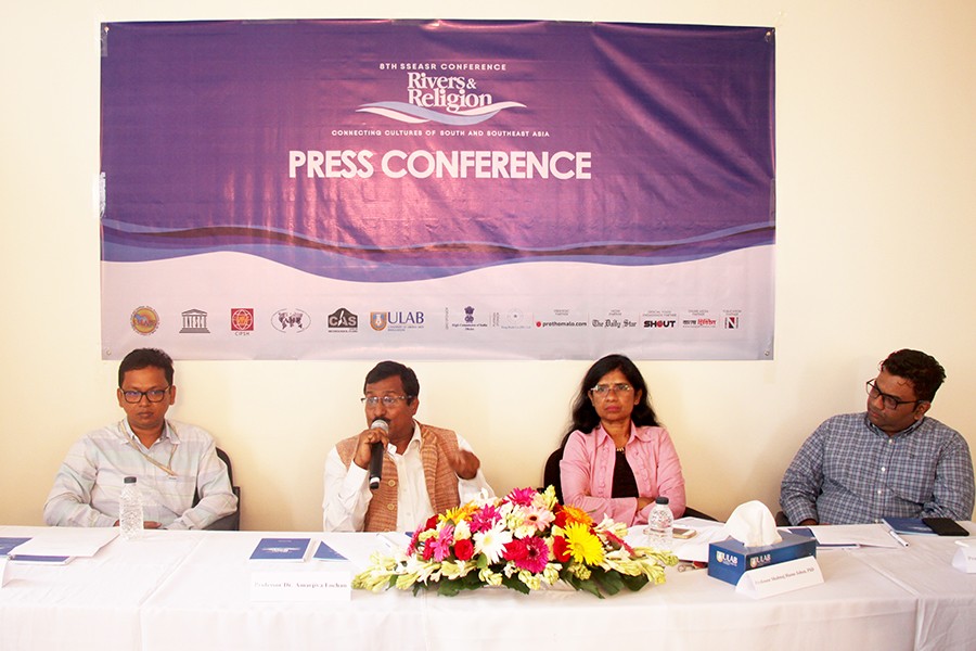 (From left) Pro-vice Chancellor of ULAB Professor Dr Shamsad Mortuza; Chair of the eighth SSEASR Conference Professor Dr Shahnaj Husne Jahan; President of SSEASR Professor Dr Amarjiva Lochan; and Professor Dr Sumon Rahman, Media Studies and Journalism, ULAB can be seen in the press conference