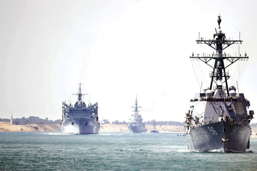 In this photo provided by the US Navy, the Abraham Lincoln Carrier Strike Group transits the Suez Canal on May 09, 2019.                     —Photo: Petty Officer 3rd Class Darion Chanelle Triplett/US Navy via AP