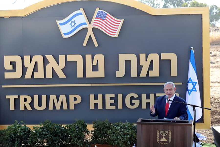 Israeli Prime Minister Benjamin Netanyahu speaks during a ceremony to unveil a sign for a new community named after US President Donald Trump, in the Israeli-occupied Golan Heights on Sunday — Reuters photo