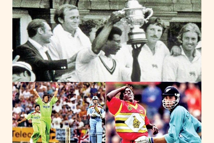 West Indies won every game other than a rain-affected game against Sri Lanka on their way to winning the 1979 World Cup (top), Pakistan recovered from their rain-affected group game against England to beat them in the 1992 World Cup final, (bottom left), New Zealand edged out Zimbabwe for a semi-final spot in 1999 after rain in their Super Sixes clash