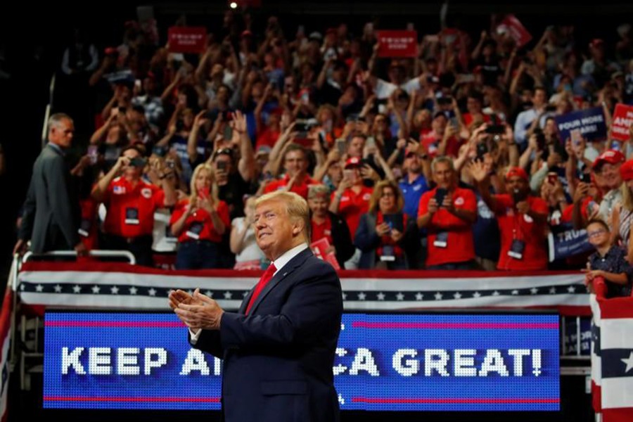 US President Donald Trump reacts with supporters formally kicking off his re-election bid with a campaign rally in Orlando, Florida, US, on June 18, 2019 — Reuters photo