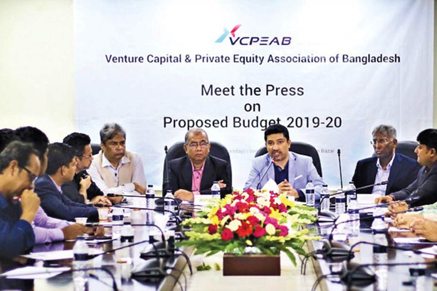 Shameem Ahsan, chairman of the Venture Capital & Private Equity Association of Bangladesh, speaking at a post-budget press briefing at Janata Tower in the city on Thursday. Shawkat Hossain, secretary general of VCPEAB, was also present