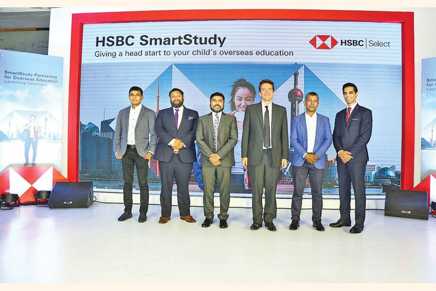 (From left to right) Director and CEO of Mentors Study Abroad Anindya Chowdhury, Managing Partner of MACES Rouham Manzoor, Country Head of Retail Banking and Wealth Management of HSBC Bangladesh Ahmed Saiful Islam, Chief Executive Officer of HSBC Bangladesh Francois de Maricourt, Country Manager of ArchRoma Syed Mohammad Ismail and Head of Customer Value Management of HSBC Bangladesh Ali Reza at the launching ceremony of SmartStudy, a service by HSBC, at a hotel in Dhaka recently