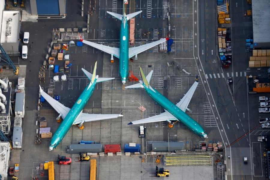 An aerial photo shows Boeing 737 MAX airplanes parked on the tarmac at the Boeing Factory in Renton, Washington, March 21 - REUTERS/Lindsey Wasson