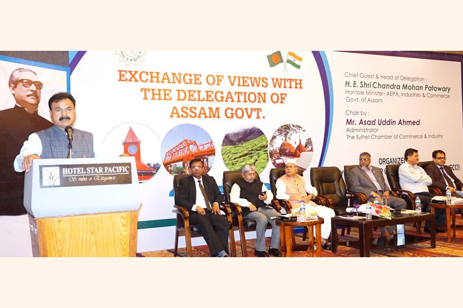 Assam's Minister for Industry & Commerce Shri Chandra Mohan Patowary addressing as the chief guest an exchange of views meeting organised by the SCCI in Sylhet on Wednesday	— FE photo