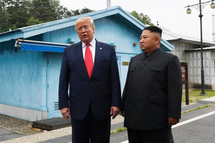 President Donald Trump meets with North Korean leader Kim Jong Un at the border village of Panmunjom in the Demilitarised Zone, South Korea, Sunday, June 30, 2019. Photo: AP