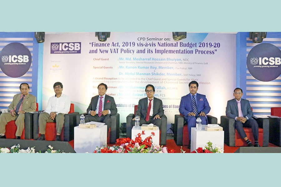 Senior Secretary, Internal Resources Division & Chairman of National Board of Revenue (NBR), Md. Mosharraf Hossain Bhuiyan, Member (Tax Policy) Kanon Kumar Roy and Member (VAT Policy) Dr. Abdul Mannan Shikder seen a seminar on "Finance Act, 2019 vis-à-vis National Budget 2019- 20 and New VAT Policy and its Implementation Process", organised by Institute of Chartered Secretaries of Bangladesh (ICSB) at Dhaka Club Limited on Saturday