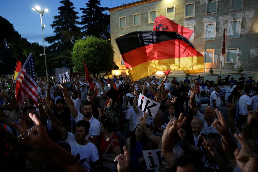 Supporters of the opposition party attend an anti-government protest in front of Prime Minister Edi Rama's office in Tirana, Albania,on July 8, 2019 — Reuters photo