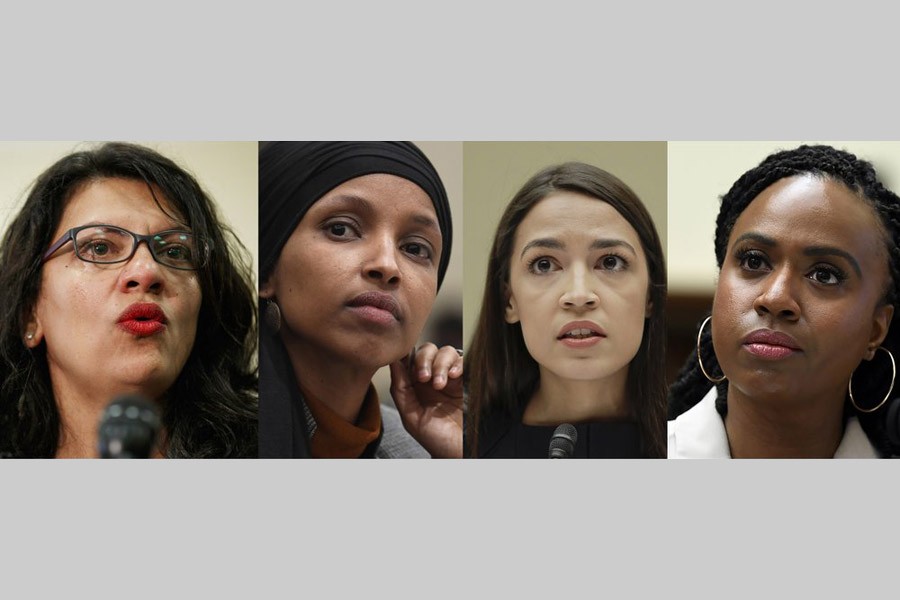 In this combination image from left; Rep. Rashida Tlaib, D-Mich., July 10, 2019, Washington, Rep. Ilhan Omar, D-Minn., March 12, 2019, in Washington, Rep. Alexandria Ocasio-Cortez, D-NY., July 12, 2019, in Washington, and Rep. Ayanna Pressley, D-Mass., July 10, 2019, in Washington. In tweets Sunday, President Donald Trump portrays the lawmakers as foreign-born troublemakers who should go back to their home countries. In fact, the lawmakers, except one, were born in the U.S. (AP Photo)